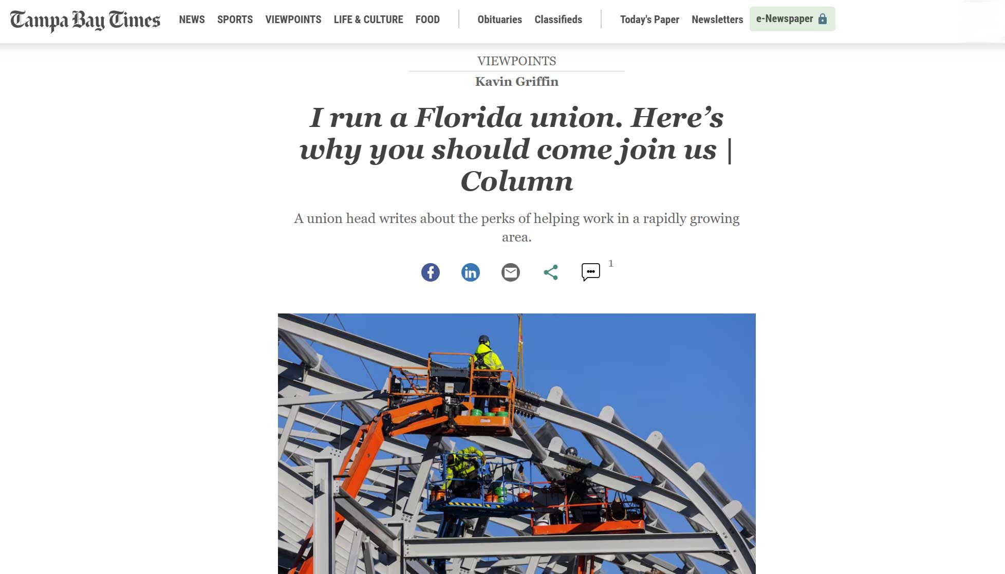 EST Kavin Griffin Talks Union Carpenters and Millwrights on the Tampa Bay Times