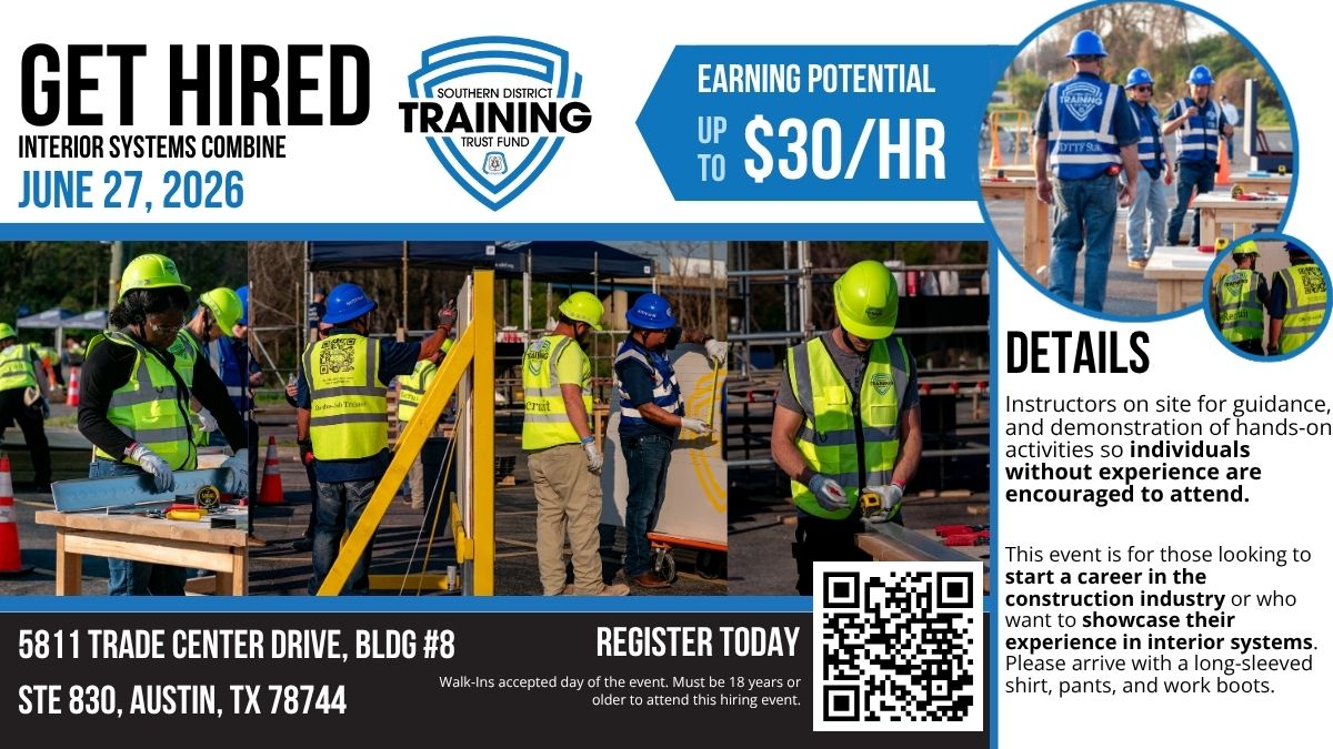 June 27 Austin, Texas Interior Systems Carpentry hiring Combine Event